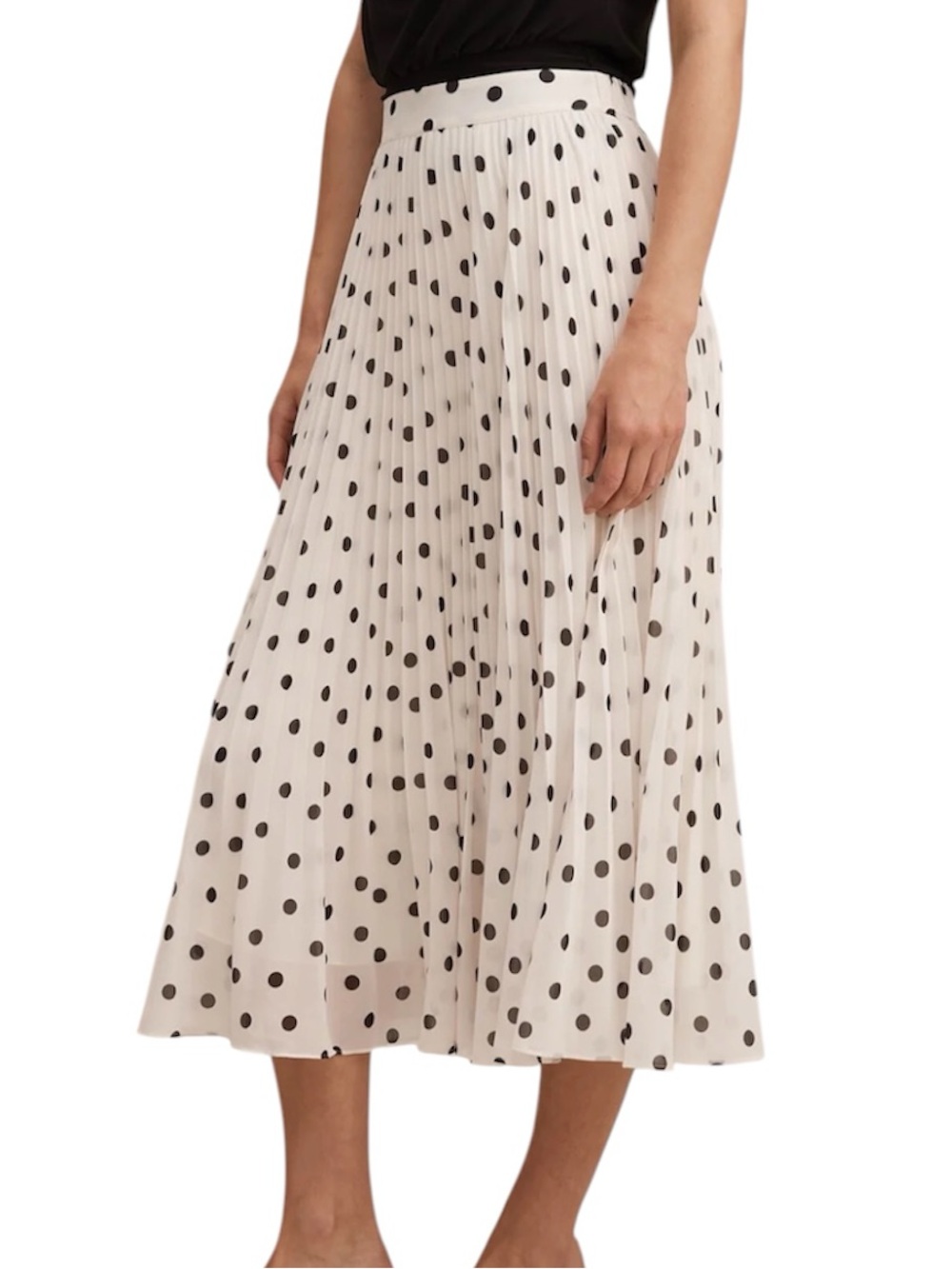 A New Day Cream and black polka dot pleated midi skirt Small